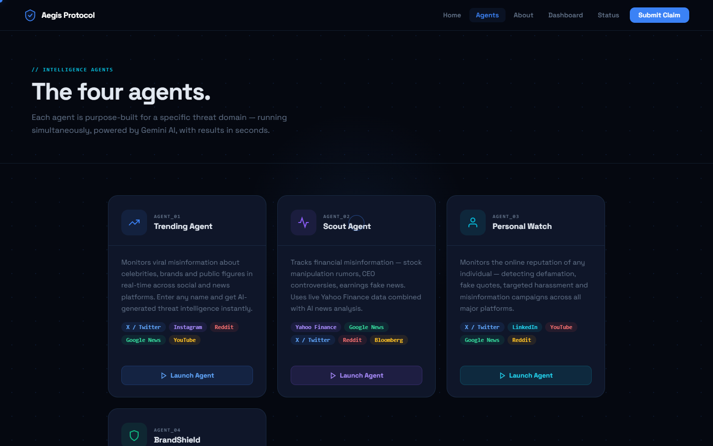 Aegis specialist agent directory showing Trending, Scout, Personal Watch, and BrandShield interfaces