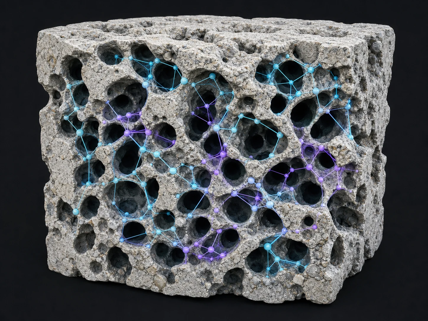 Conceptual micro-CT sandstone pore network with graph nodes and edges tracing connected flow paths