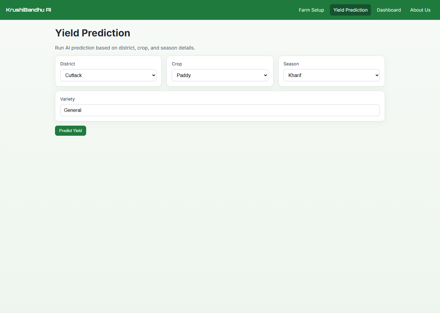 KrushiMitra yield prediction form with district, crop, season, and variety inputs